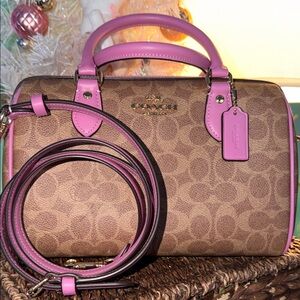 Coach Rowan Satchel Bag In Signature Canvas in Tan and fuchsia NWOT